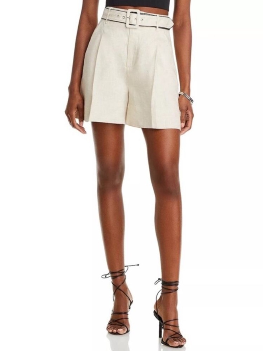 NEW Staud Eris Linen Belted Shorts Size 4 High Waisted Pleated Beige Khaki NWOT